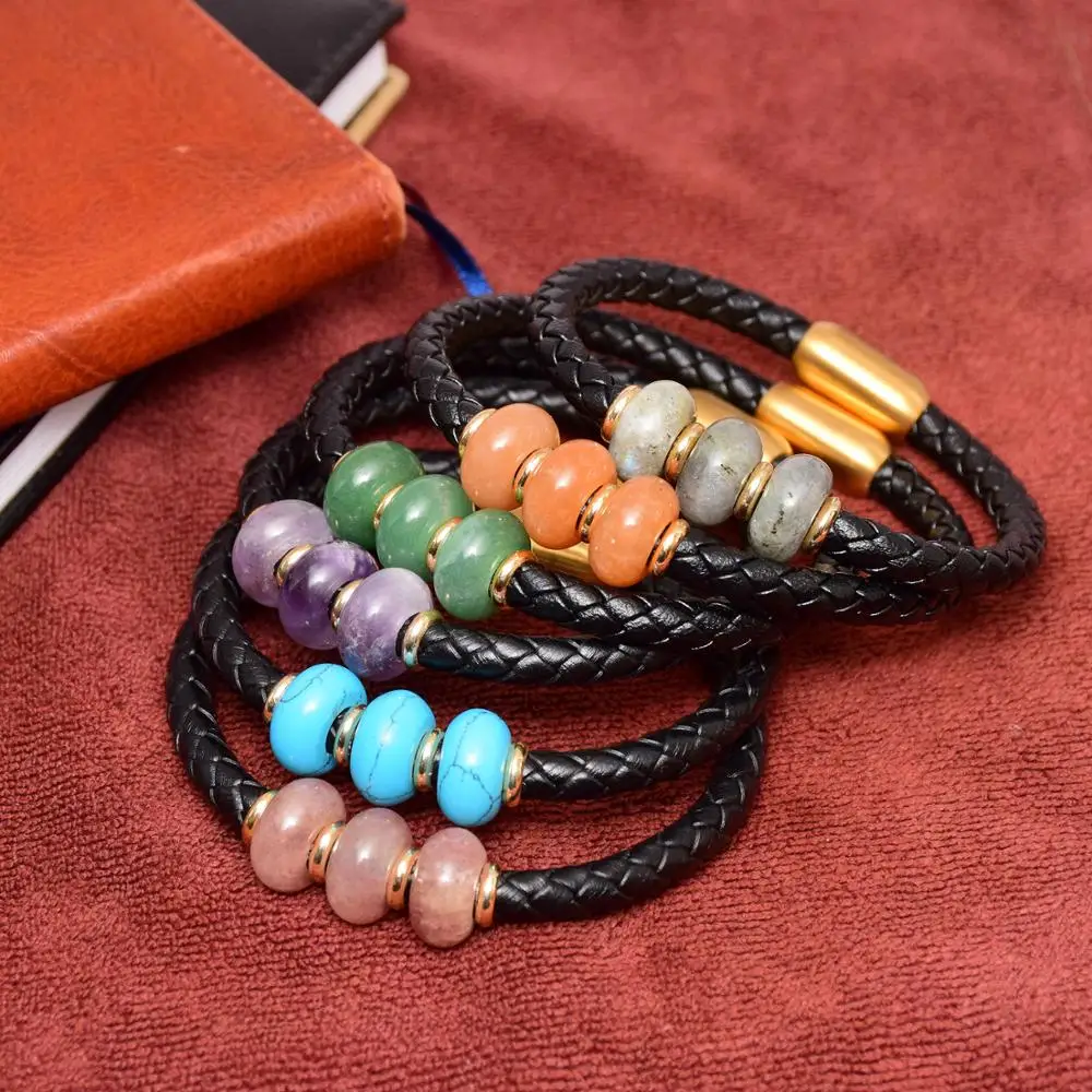 Punk Genuine Leather Men Bracelet 2020 Charms Natural Stone Beads Bracelet Mens Stainless Steel Jewelry Friends Gift