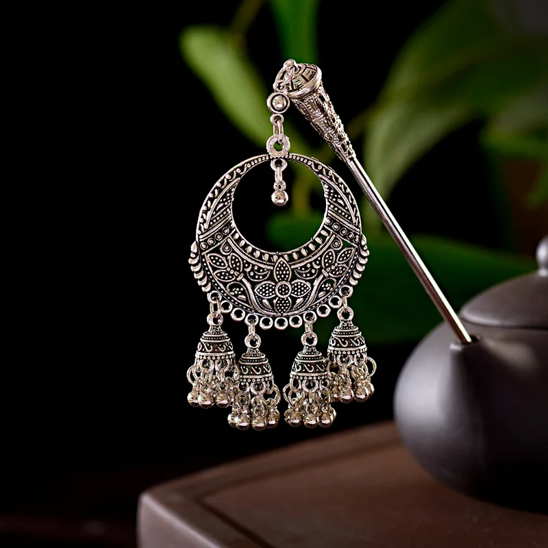 Boho Vintage Indian Hair Pins For Women Ethnic Sliver Color Big Bells Tassel Flower Carved Pendant Hair Sticks Hair Jewelry 2019
