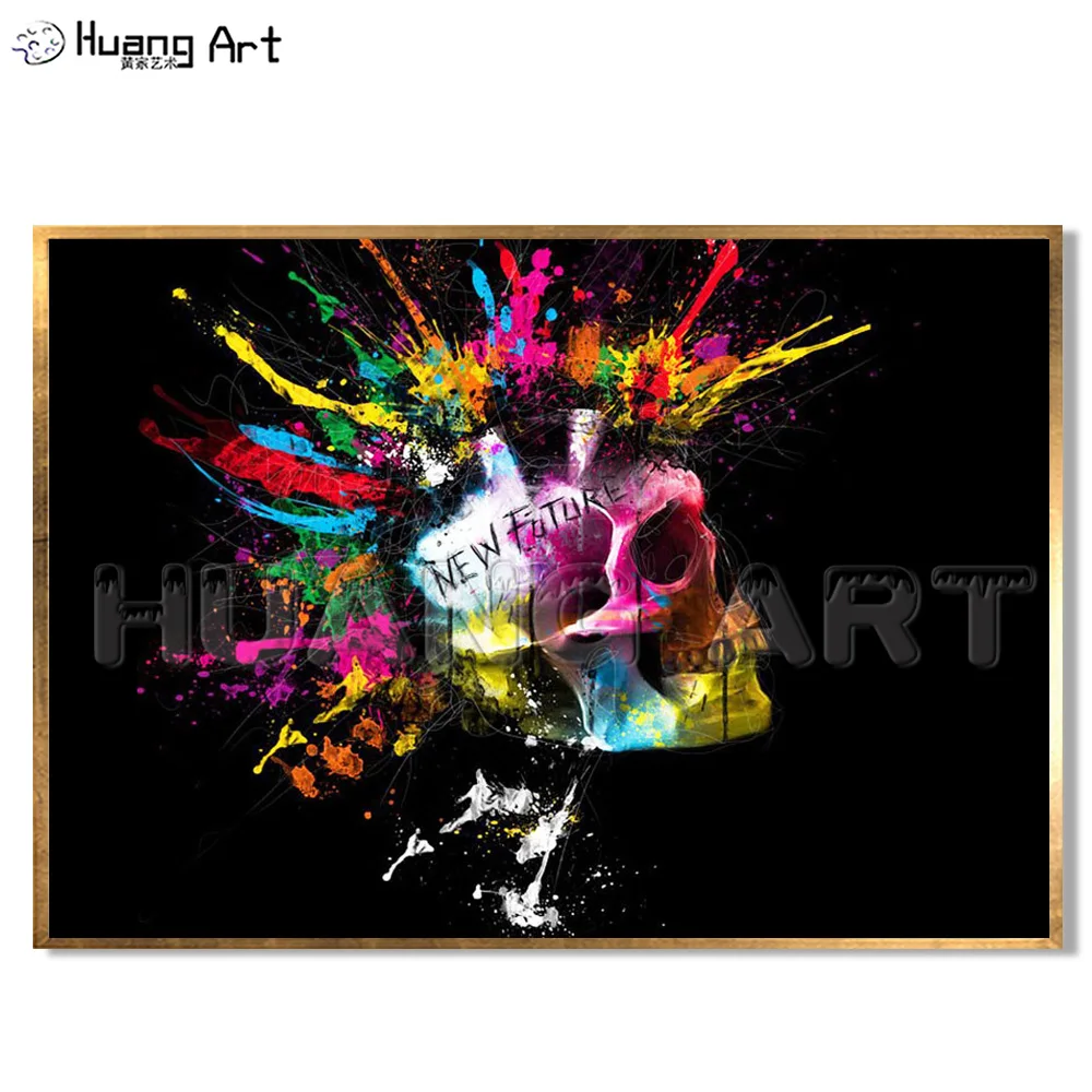 

Hand Painted Modern Abstract Skeleton Oil Painting Decorative Punk Style Skull Black Painting On Canvas For Bar Wall Decor