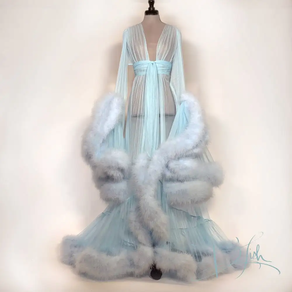 Ostrich Feather Bathrobe Sleepwear Bathrobe Boudoir Dress A Line Kimono Dressing Gown Babydoll Lingerie Bath Robes De Mariée