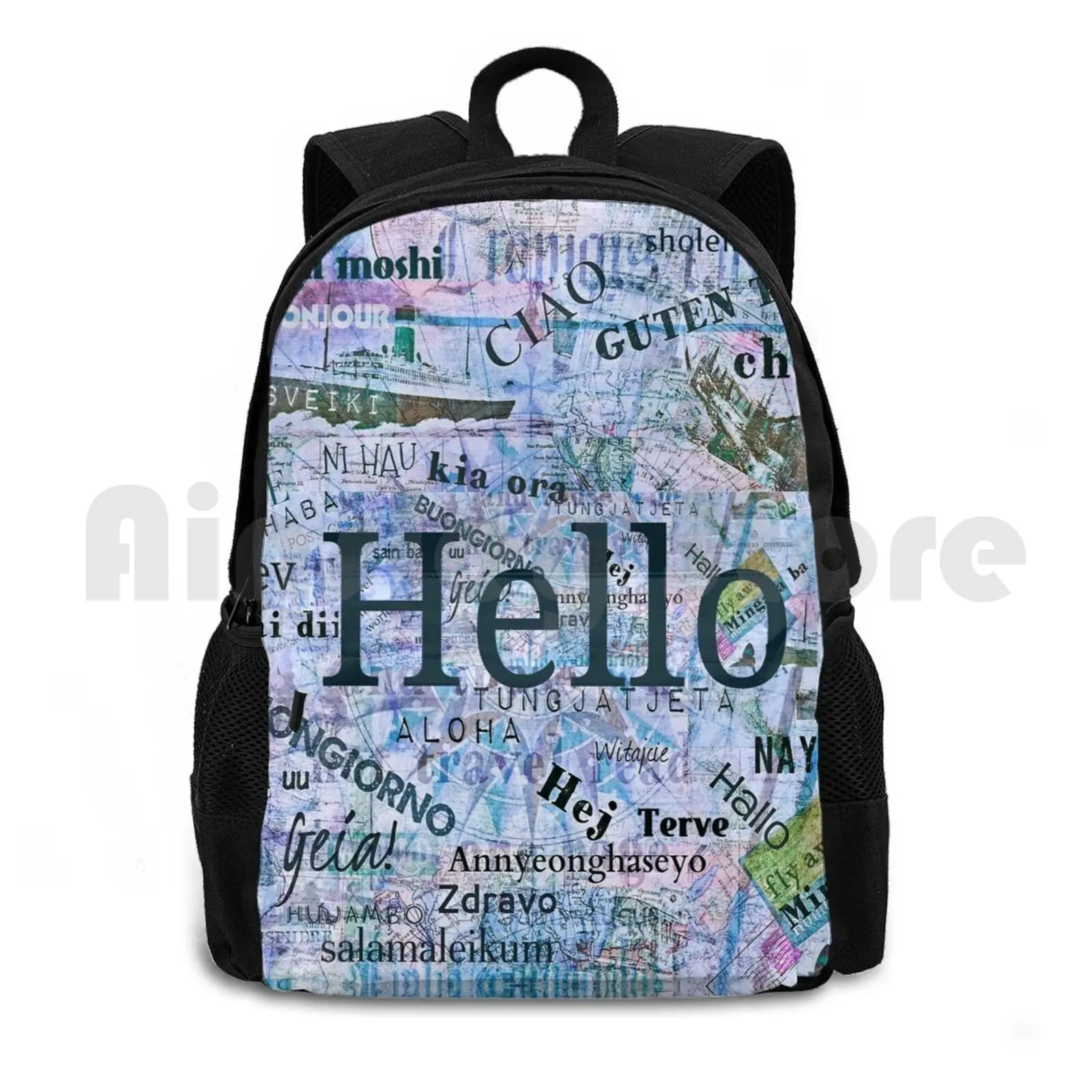 

Hello In Different Languages Outdoor Hiking Backpack Waterproof Camping Travel Entryway Typography Hola Ciao Salut Hello