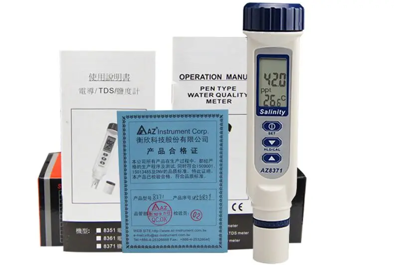 Tipo da pena da condutibilidade do lcd da condutibilidade do salinômetro da prova az8371 ip65 seawater tester 0-70 detector da salinidade do ppt