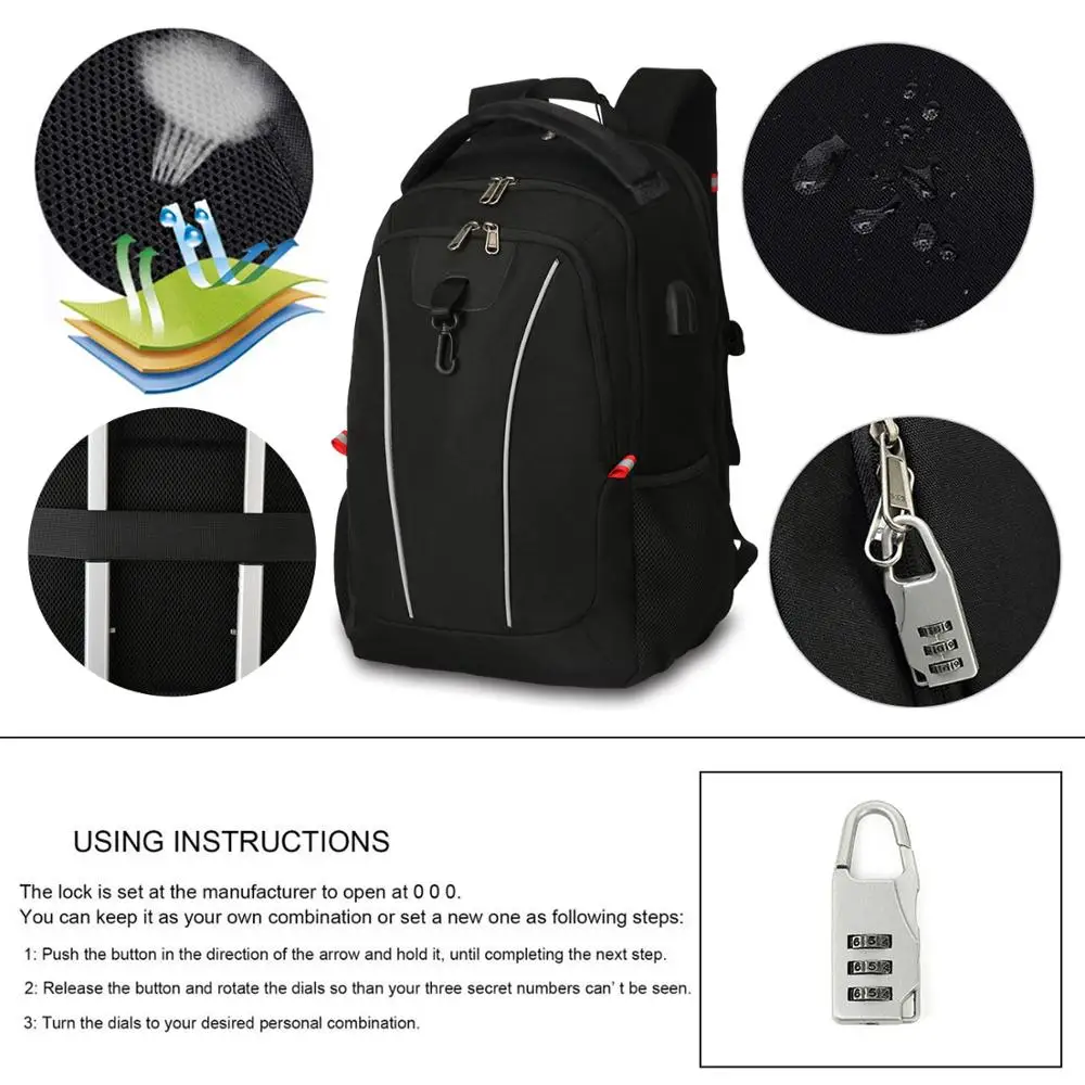 Men's 17 Inch Laptop Backpack Travel Rucksack Women Teenagers School Bag With Anti-theft Lock USB Charging Earphone Cables