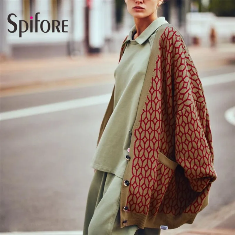 Spifore Printed Cardigan Sweater Oversized Lantern Sleeve Casual Women Tops Fashion Loose Streetwear Knitwear Winter Sweaters