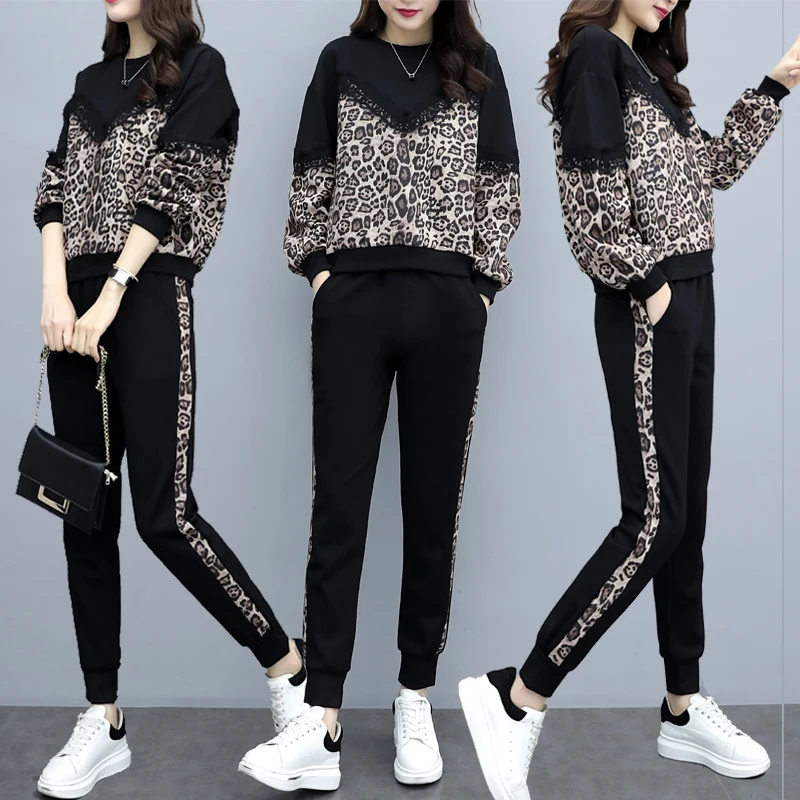 Leopard Print Casual Pantsuit Set for Women, Oversize Tracksuits, full sets Large Sizes, Long Sleeve, Fashion Sportswear, 5XL