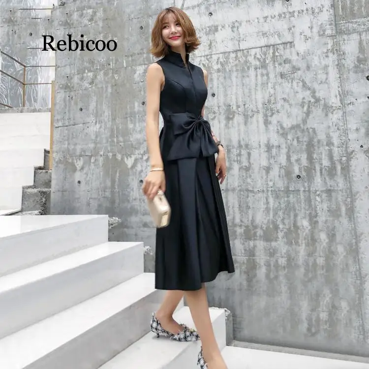 Retro Dress For Women Sexy Sleeveless Stand Collar Bow Elegant Midi Dress Party Club Night Dress vestidos vintage