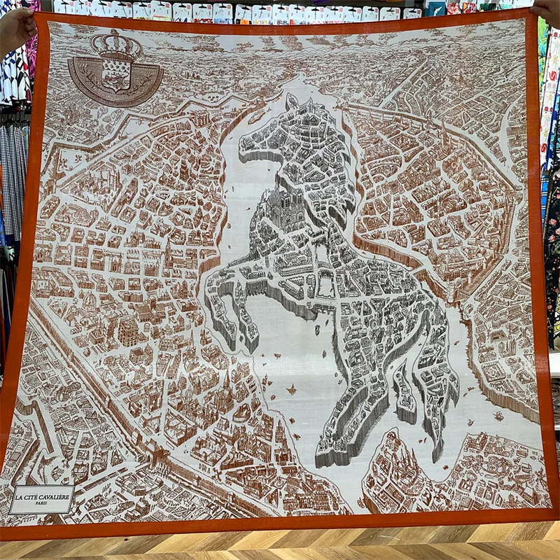 135CM Cashmere Scarf Women Manual Hand Rolled Shawls Horse Map Square Scarves Wraps Bandana Luxury Brand Hijabs Female Foulards