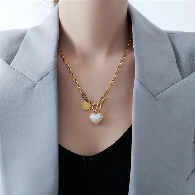 

YUN RUO Elegant 18 K Gold Color Solid Pearl Heart Chain Necklace Choker for Woman Fashion Stainless Steel Birthday Gift Washable