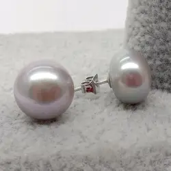 KKGEM Natural 11-12MM Cultured Gray freshwater Pearl Semi Round AAA Grade Multi Color 925 Silver Stud Earrings