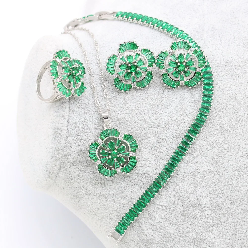 Green Flower Cubic Zirconia Silver 925 Jewelry Sets Women With Earrings Bracelet Necklace Pendant Ring Birthday Gift