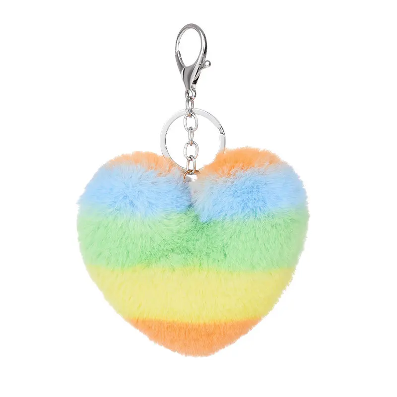 

Cute Girls Fluffy Rabbit Fur Pompom Keychain Women Rainbow Heart Balls On Bag Car Trinket Jewelry Wedding Party Gift