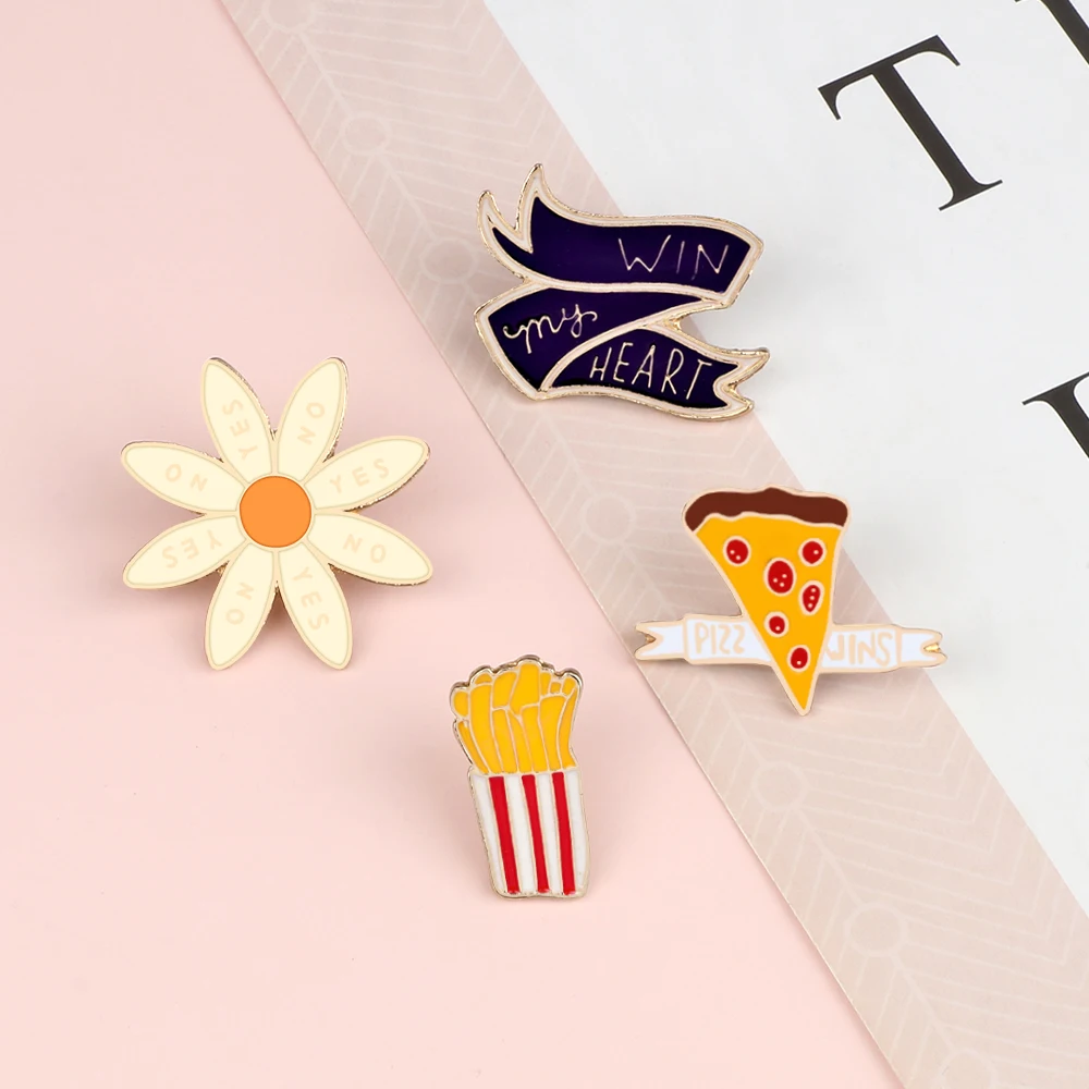 Flower Pizza Pins French Fries Enamel Lapel Brooches Custom Cute Cartoon Food Vintage Ribbon Badge Jewelry Gift For Kids Friends