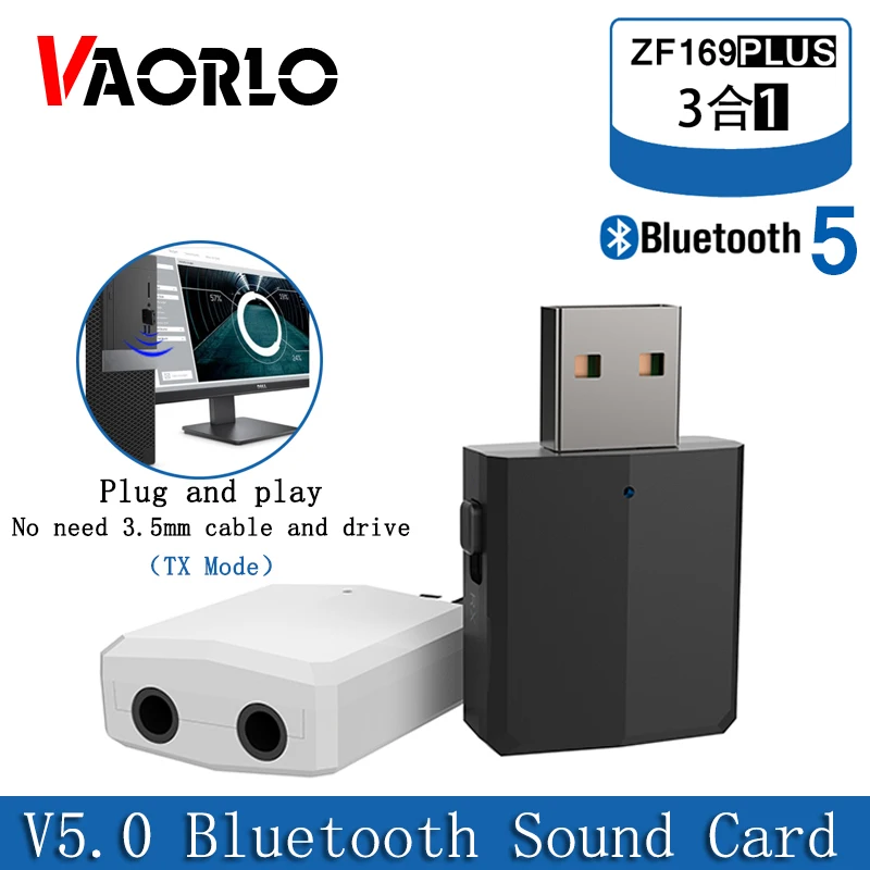 

VAORLO 5.0 USB Bluetooth Adapter 3 in 1 Stereo Audio Bluetooth Receiver Transmiiter 3.5MM AUX USB Wireless Dongle For PC TV Car
