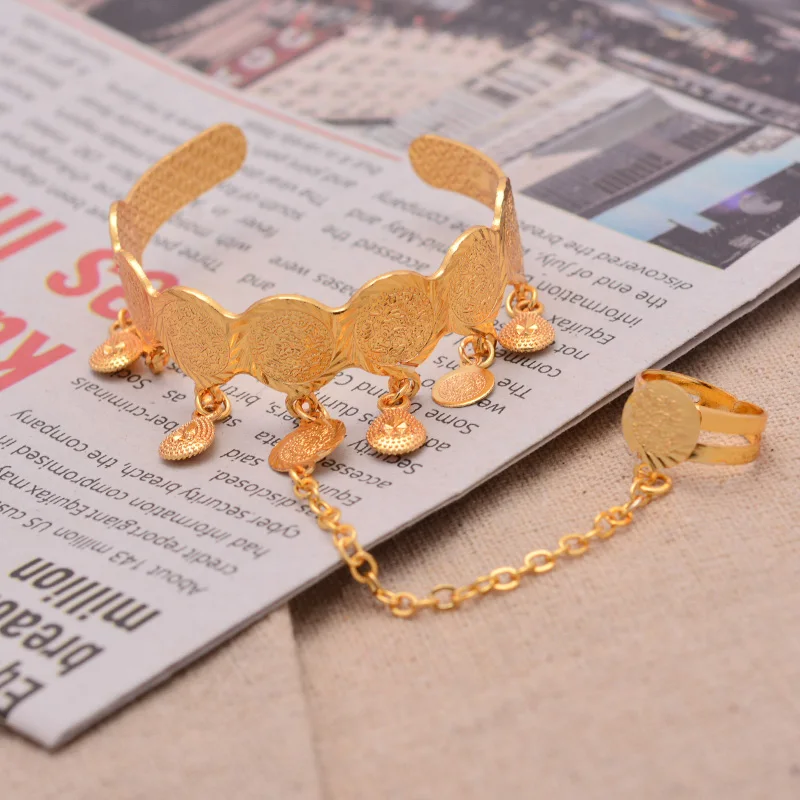 New Coin Gold Color  Bangles Baby/Child with Ring Middle Eastern Jewelry Muslim Islamic Bracelets Wholesale Coins Money Sign