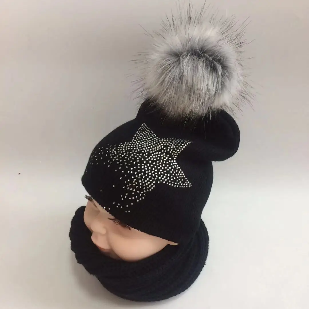 1-3 years children\'s winter infant baby kids faux fur star diamond hat scarf set cap beanie with pompom beanie for boys and girl