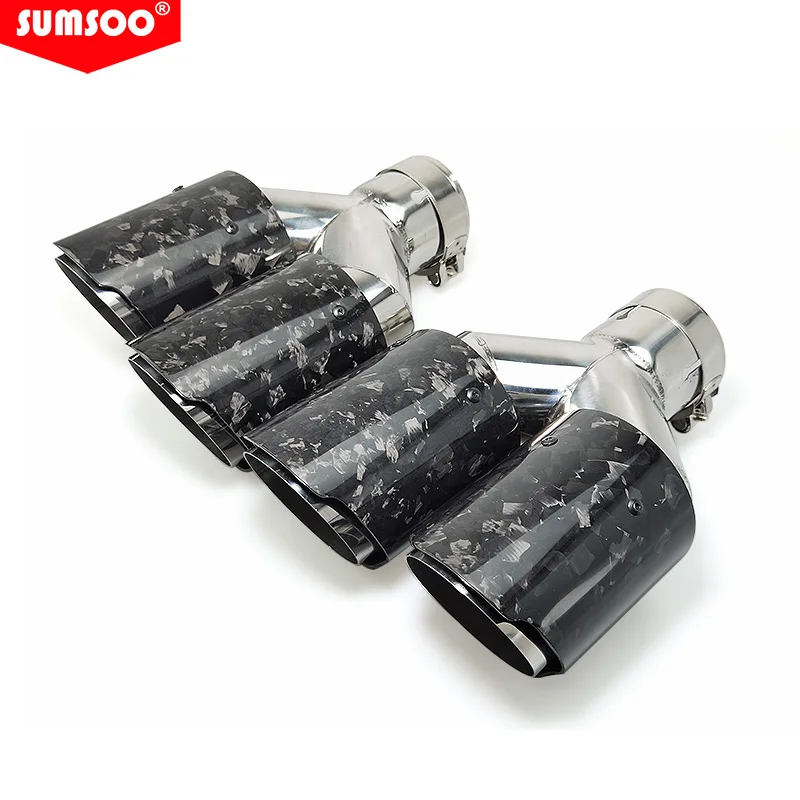 Genuine SUMSOO Forged Carbon Fiber + Silver Stainless Steel Car Dual Exhaust Tip Double End Pipe  Modification Muffler