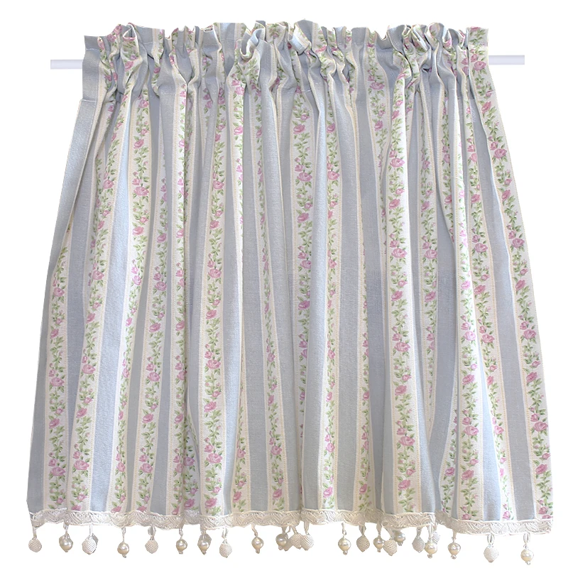 Rose Short Curtain For Kitchen Door Half Cortinas Blue Stripe Curtains Country Style Romantic House Home Decorations