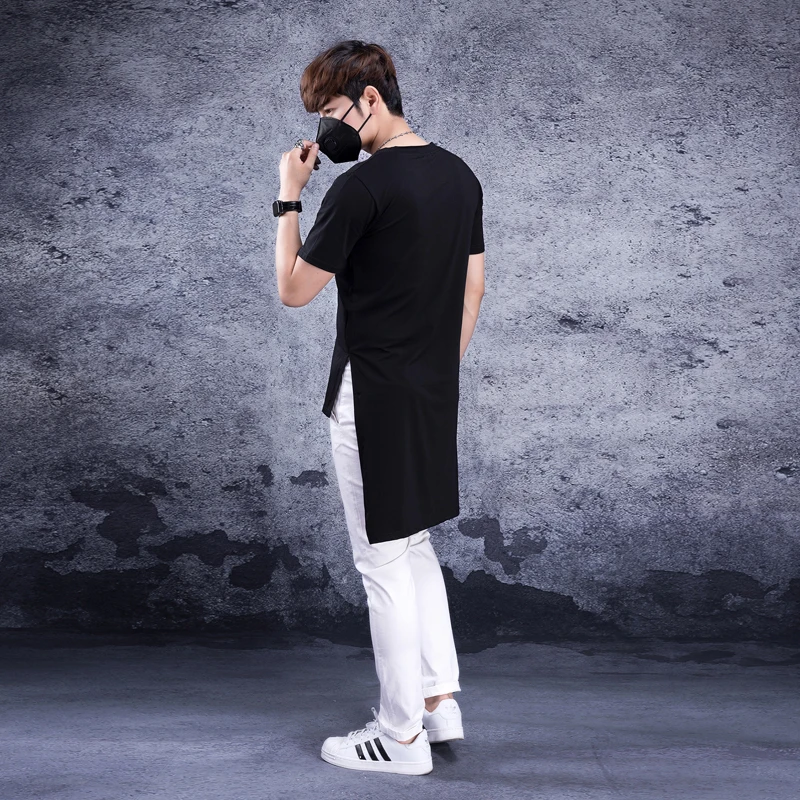 Men's summer new hair stylist urban youth fashion long short front and long back Korean version of high street short sleeves