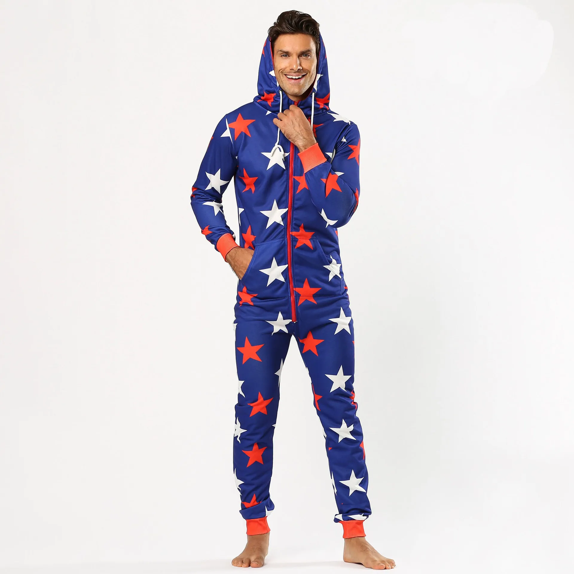 Onesie com capuz com estampa de estrela de cinco pontas masculina, pijama de uma peça, pijamas adultos, Sleep Lounge, macacões masculinos, Warm Onesie