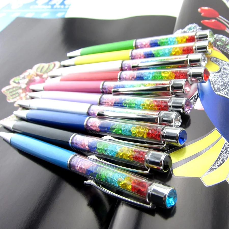 100Pcs Rainbow Crystal Diamond Roller Ballpoint Pen Stationery Novelty Gift Office Material School Supplies Custom Logo Name