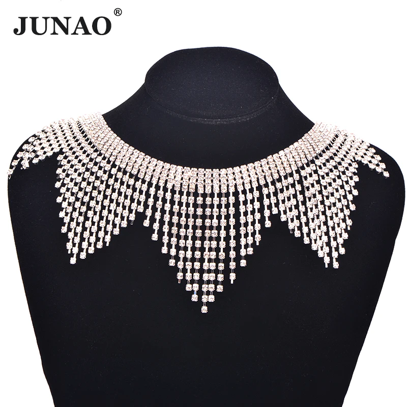 JUNAO 45cm/lot Crystal AB Glass Rhinestone Chain Fringe Tassels Sewing Metal Trim Crystal Applique Strass Banding Clothes Crafts