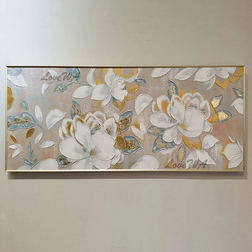 

White Golden Flowers Handmade Home Decor Hand Painted Flowers Oil Painting on Canvas Handmade gold Floral Paintings Wall Art