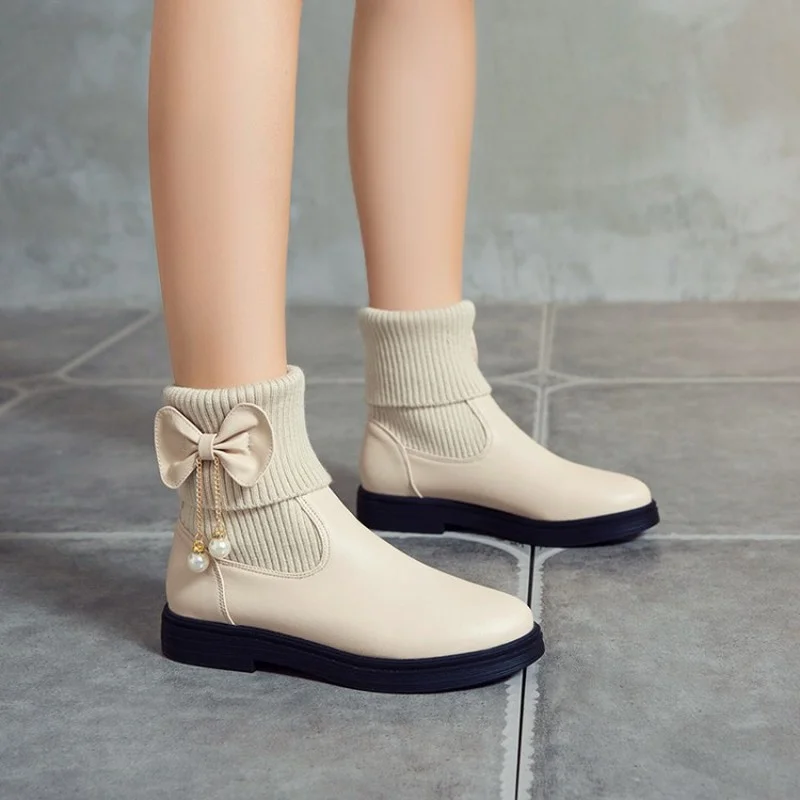 

Осенне-зимние новые женские короткие ботинки с круглым носком шерстяные ботинки на толстом каблуке с бантом