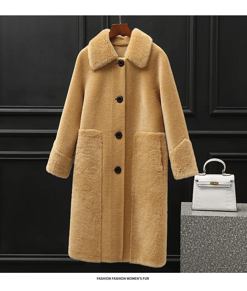 2021 Fall Winter Women 30% Wool Fur Coat Loose A-Line Pocket Sheep Shearing Warm Fur Coats Long Jacket Overcoat for Female