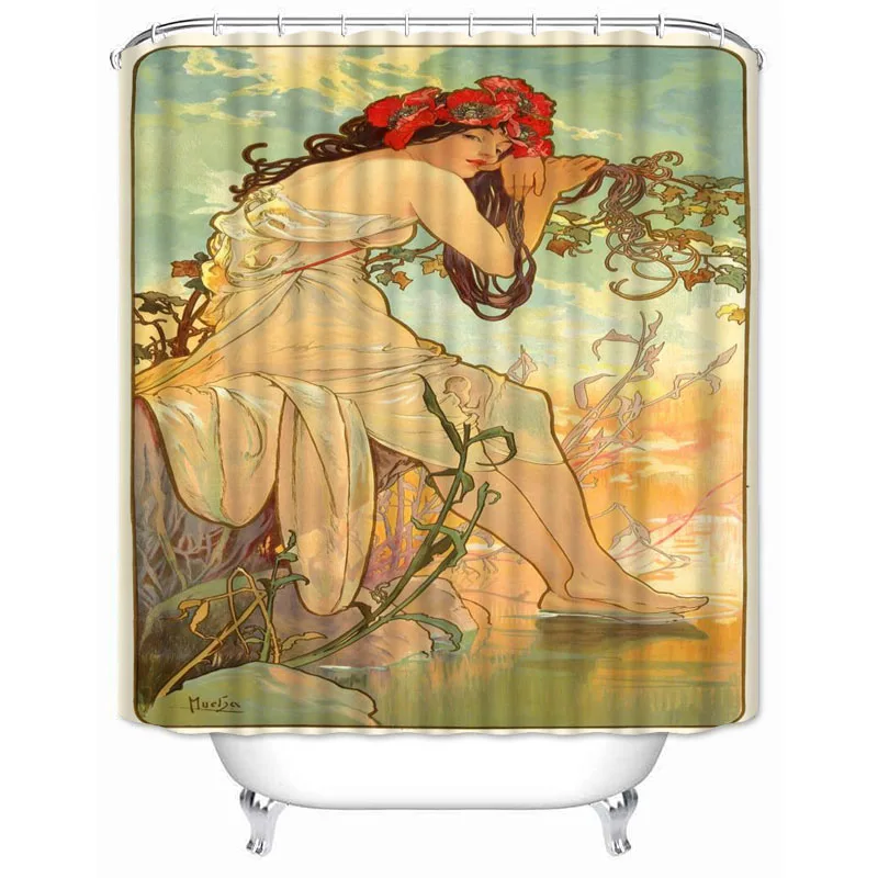 Musife Custom Alphonse Mucha Shower Curtain Cartoon Waterproof Polyester Fabric Bathroom With Hooks DIY Home Decor