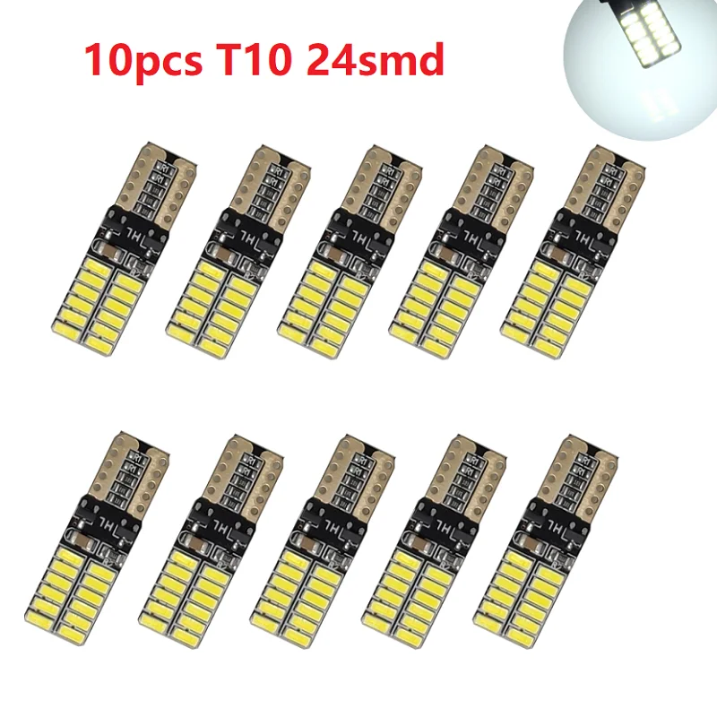 

10 шт. T10 светодиодный лампы W5W Canbus салона Чтение светильник 12V 24SMD 4014, на танкетке, с боковой номерной знак 5W5 светодиодный без ошибок 194 168