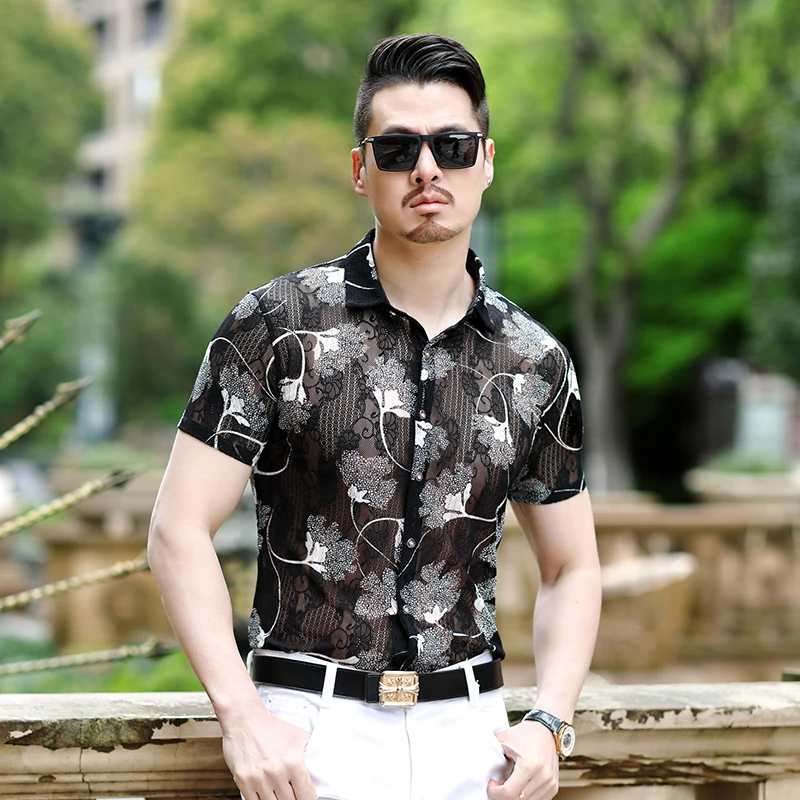 Men Sexy Mesh Shirts Summer See Through Clothes Short Sleeve Male Transparent Clubwear