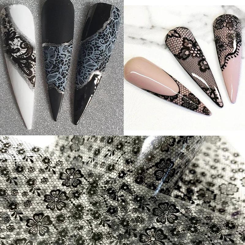 Lace Nail Foils Black White Transfer Paper Sexy Nail Art Stickers Stripe Lace Manicure Decals Nails Decoration