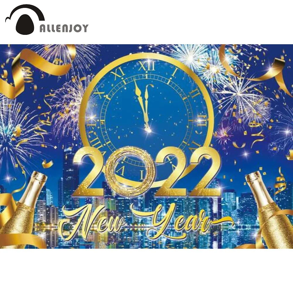 

Allenjoy Happy New Year 2022 Party Background Gold Ribbons Clock Fireworks Champagne Winter Buildings Celebration Props Backdrop