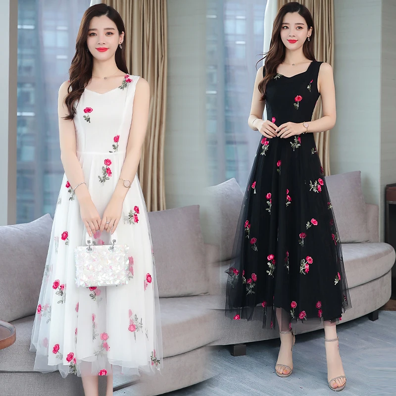 Summer New White Chiffon Boho Beach Midi Sundress 2024 Women Black Sexy Sling Dress Casual Party Bodycon Embroidery Maxi Vestido