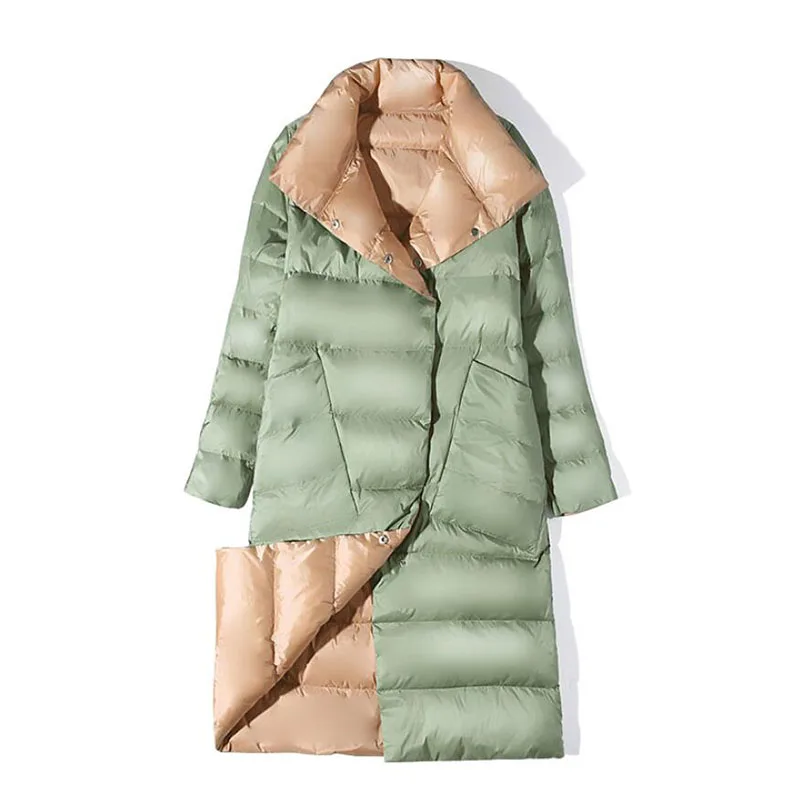 Women Double Sided Down Long Jacket Winter Turtleneck White Duck Down Coat Double Breasted Warm Parkas Snow Outwear