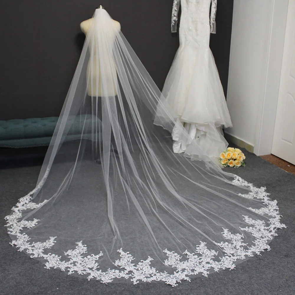 Voile de mariage Long en dentelle avec peigne, 3 mètres, pour la mariée, une couche, blanc ivoire, accessoires de mariage