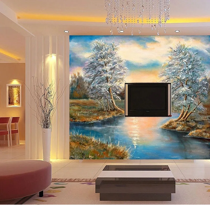 Custom Self-Adhesive Waterproof Wallpaper Landscape Decorative Painting Oil Background Wall Mural Papel De Parede 3D Sticker