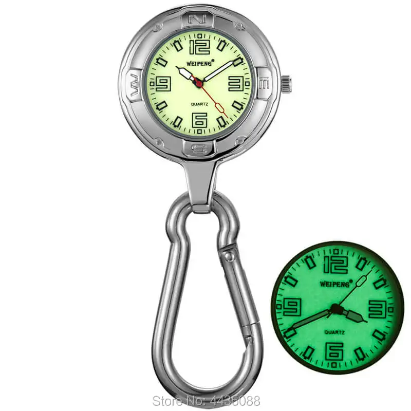 Silver Clip-On Carabiner Pocket Watch Keychain Luminous Quartz Belt Clip Waist Fob Watch Backpack Outdoor Sport Men Women Clock