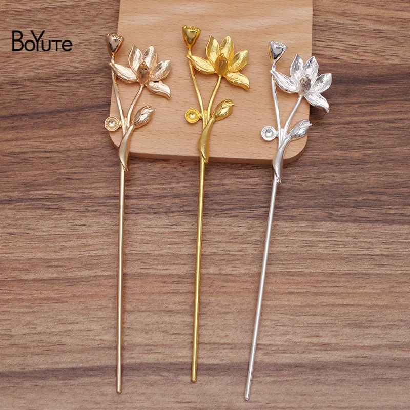 BoYuTe (5 Pieces/Lot) 72*40MM Metal Alloy Lotus Welding 120*2.5MM Iron Hair Stick Diy Handmade Hair Accessories Materials