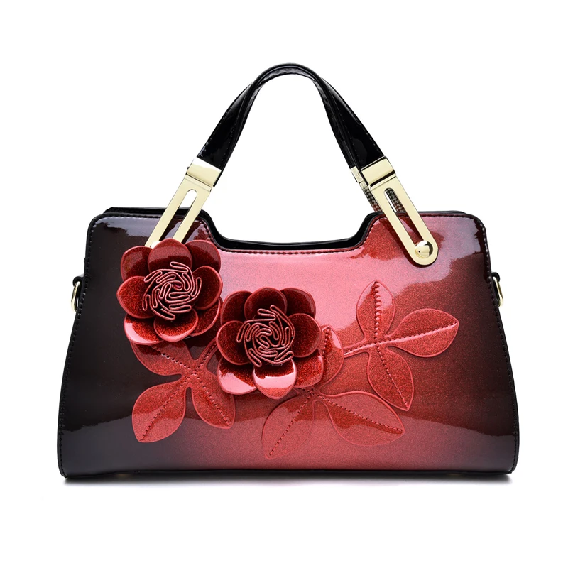 New fashion trend top handle bag patent leather women\'s messenger bag flowers decoration leather shoulder handbag famous brand