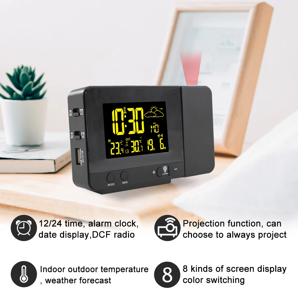 FanJu Projection Alarm Clock Digital Watch Calendar Temperature Meter Weather Forecast 8 Color display Electronic Table Clocks