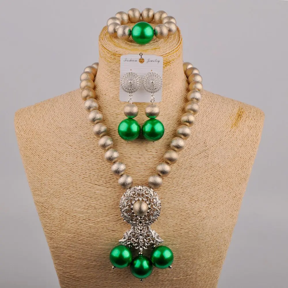 Bridal Jewelry African Ladies Wedding Bead Nigerian Bride Wedding Jewelry Green Glass Pearl Jewelry Set SH-54