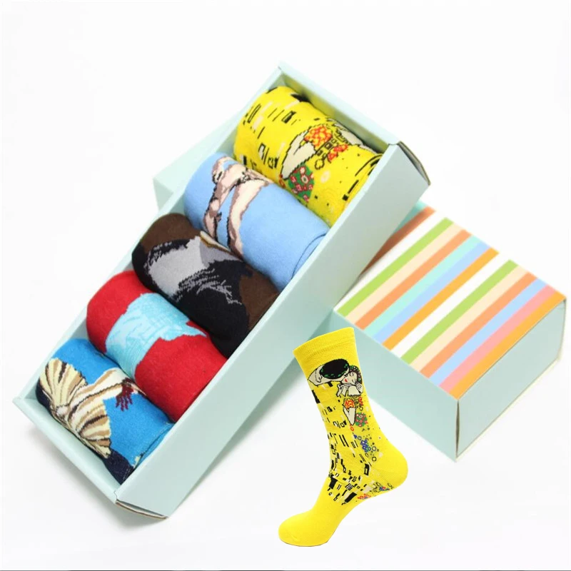 

5Pairs Men Cotton Skateboard Socks Street Style Colorful Famous Painting Art Male Animal Fruit Happy Long Socks