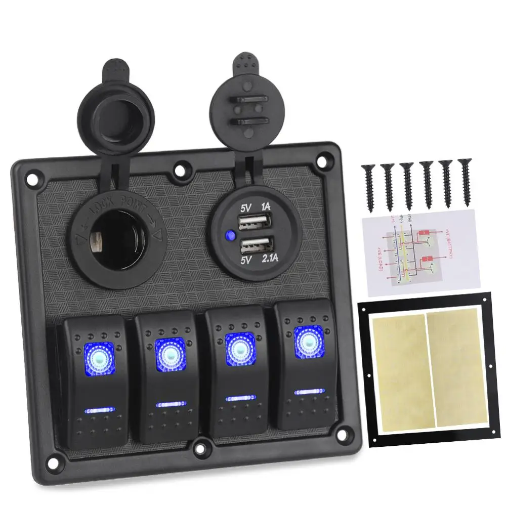 Universal 4 Gang Switch Panel Dual USB Socket+Cigarette Lighter Waterproof RV Yacht Marine Boat Car Truck Overload Protector