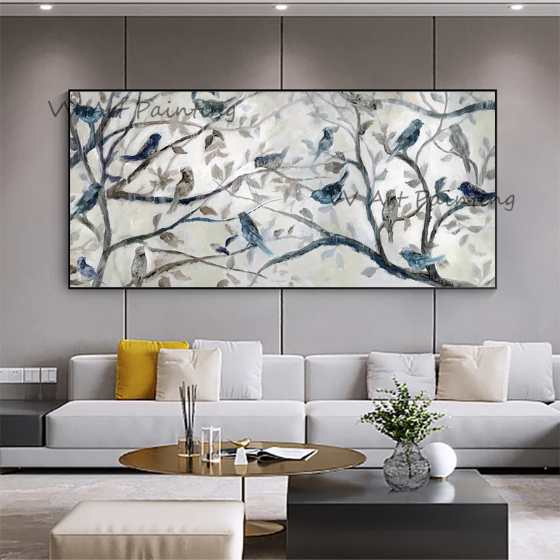

Handmade Tree Oil Painting Canvas Painting Nature Abstract Picture Painting Vertical Blue Bird Painting for Living Room Decor
