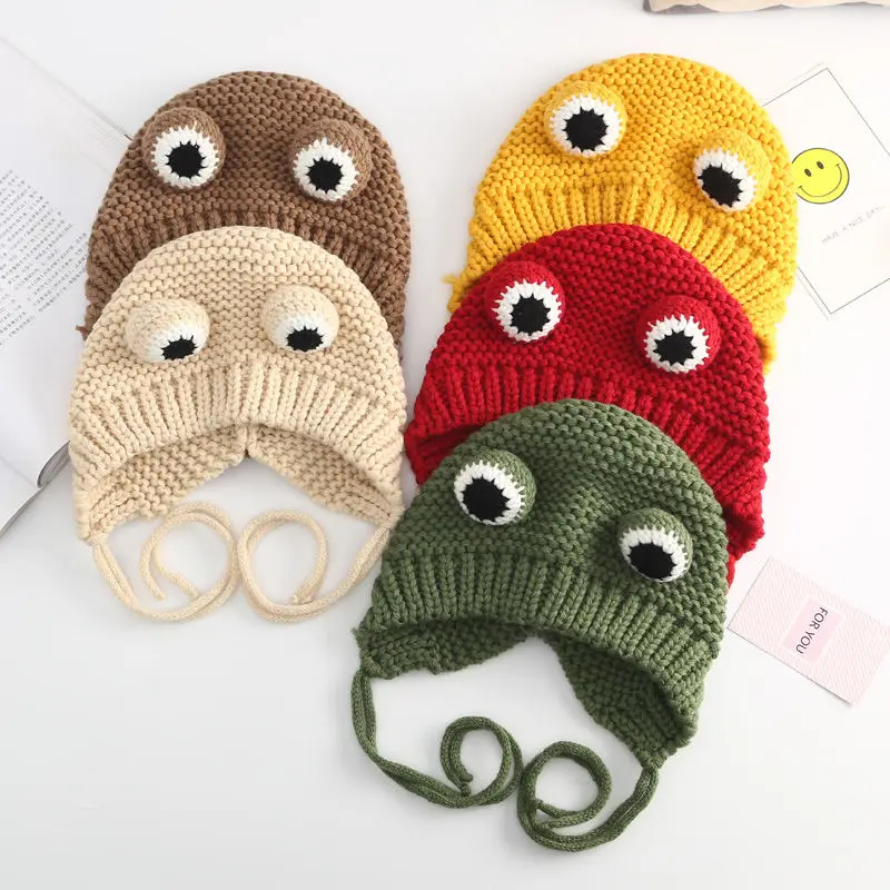 Newborn Baby Winter Warm Hat Knitted Baby Hats with Bear Ears Cartoon Eyes Design Children Kids Cap for Newborn Baby  Toddler