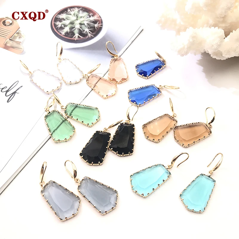 CXQD New Women's Fashion Jewelry Geometric Trapezoid Dangle Drop Crystal Glass Sweet Metal Transparent Earrings For Women Gift