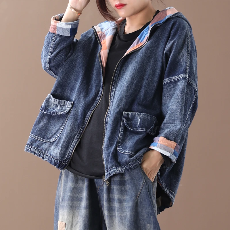 

Female new autumn and winter plus size Large size outerwear literary retro washed do-old worn hooded loose denim short jacket