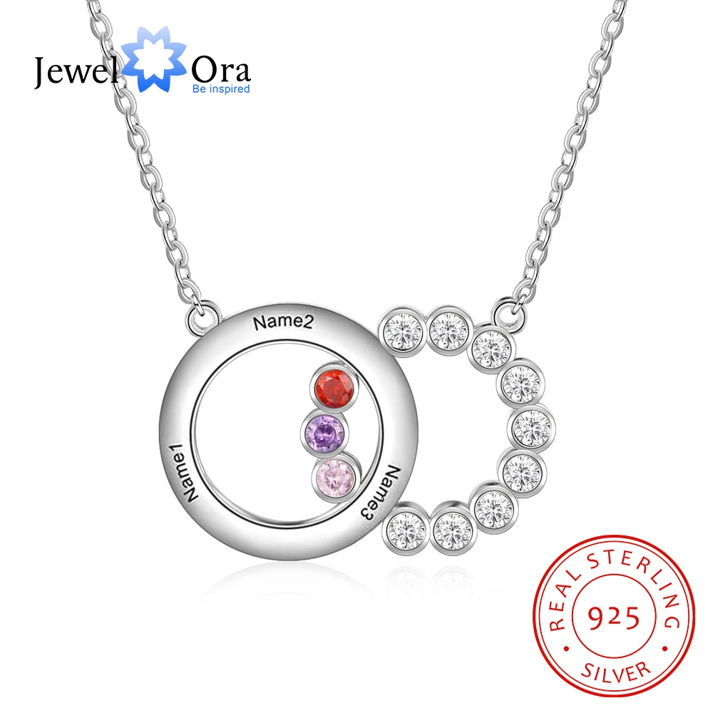 

JewelOra 925 Sterling Silver Personalized Name Interlocking Circle Necklace Custom 3 Birthstones Zirconia Necklaces & Pendants