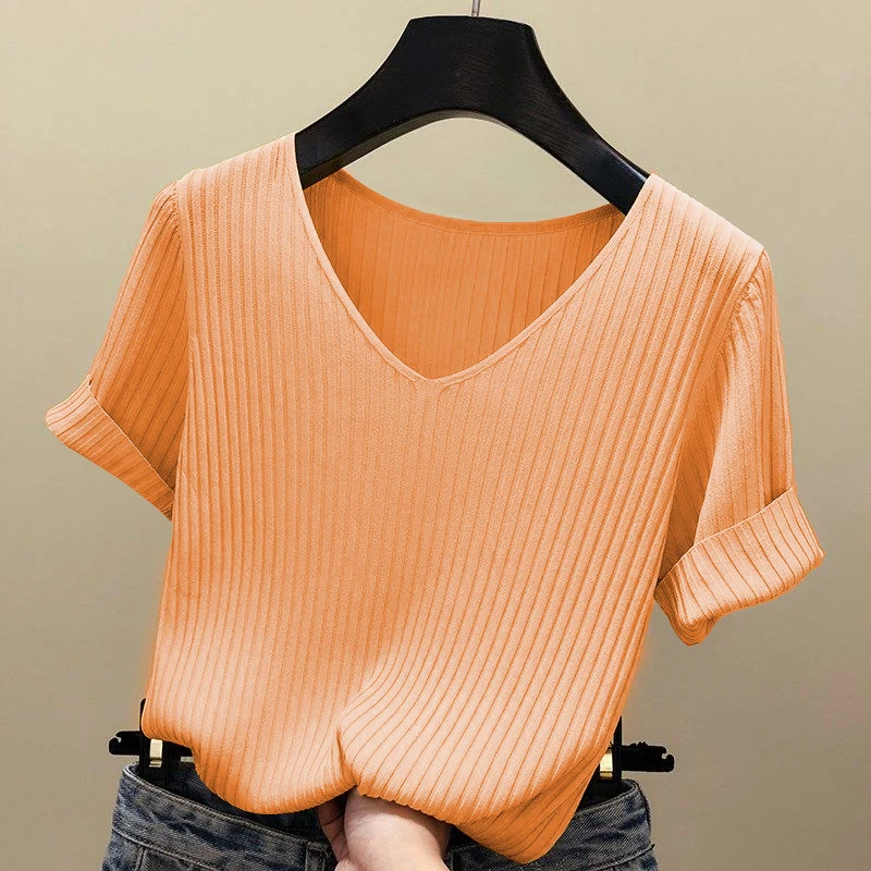 Camisetas de punto de manga corta con cuello en V para mujer, Tops naranja de punto fino azul y negro, camisetas de verano para mujer 2024